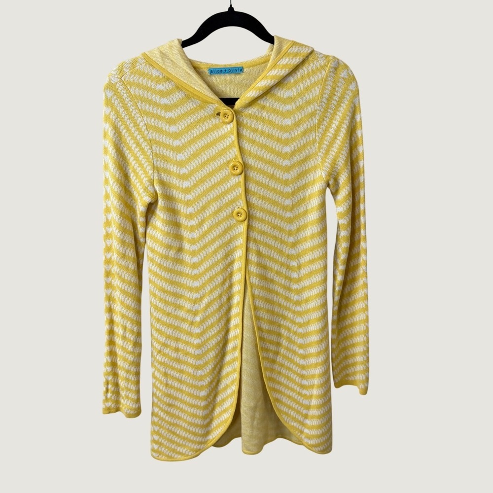 Alice + Olivia Yellow Cardigan Sweater Hooded Longline Chevron Fall Preppy XSS/